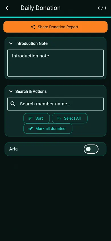 Daily Donation screen with share report and mark all donated.