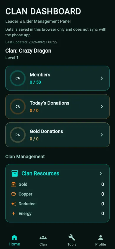 Crazy Dragon web dashboard for clan Crazy Dragon, level 1, with member, donation, and resource cards.