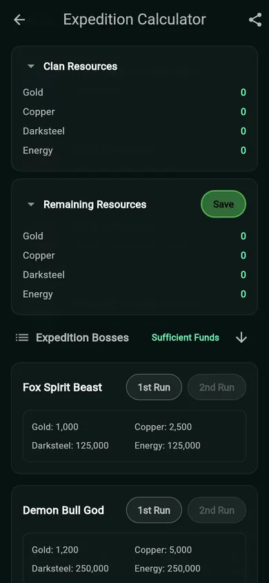 Expedition calculator listing Fox Spirit Beast and other bosses.