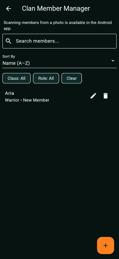 Clan Member Manager with search and a member named Aria.